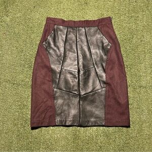 Preloved Burgundy & Black Recycled Wool & Leather Patchwrok Mini skirt
